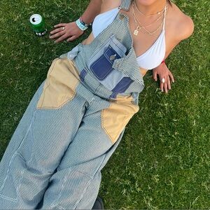 Striped Patchwork Women's Overalls Jeans - White/Blue